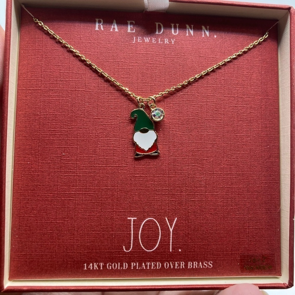 RAE DUNN Christmas Holiday Gnome Gold Delicate Necklace Chain Gift Box NEW NWT